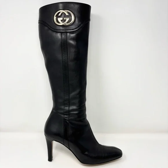 Gucci by Tom Ford GG Logo Black Leather Knee High Boots Size 8.5 Vintage - Picture 11 of 16